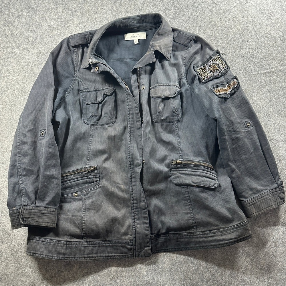 Torrid‎ Utility Jacket Womens 1 Black Harley Davidson Wings Patch Biker Moto Zip